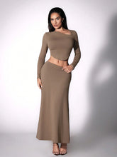 Off-Shoulder Solid Color Fitted Long Sleeve Top + Solid Color Minimalist A-Line Skirt 2-Piece Set For Women